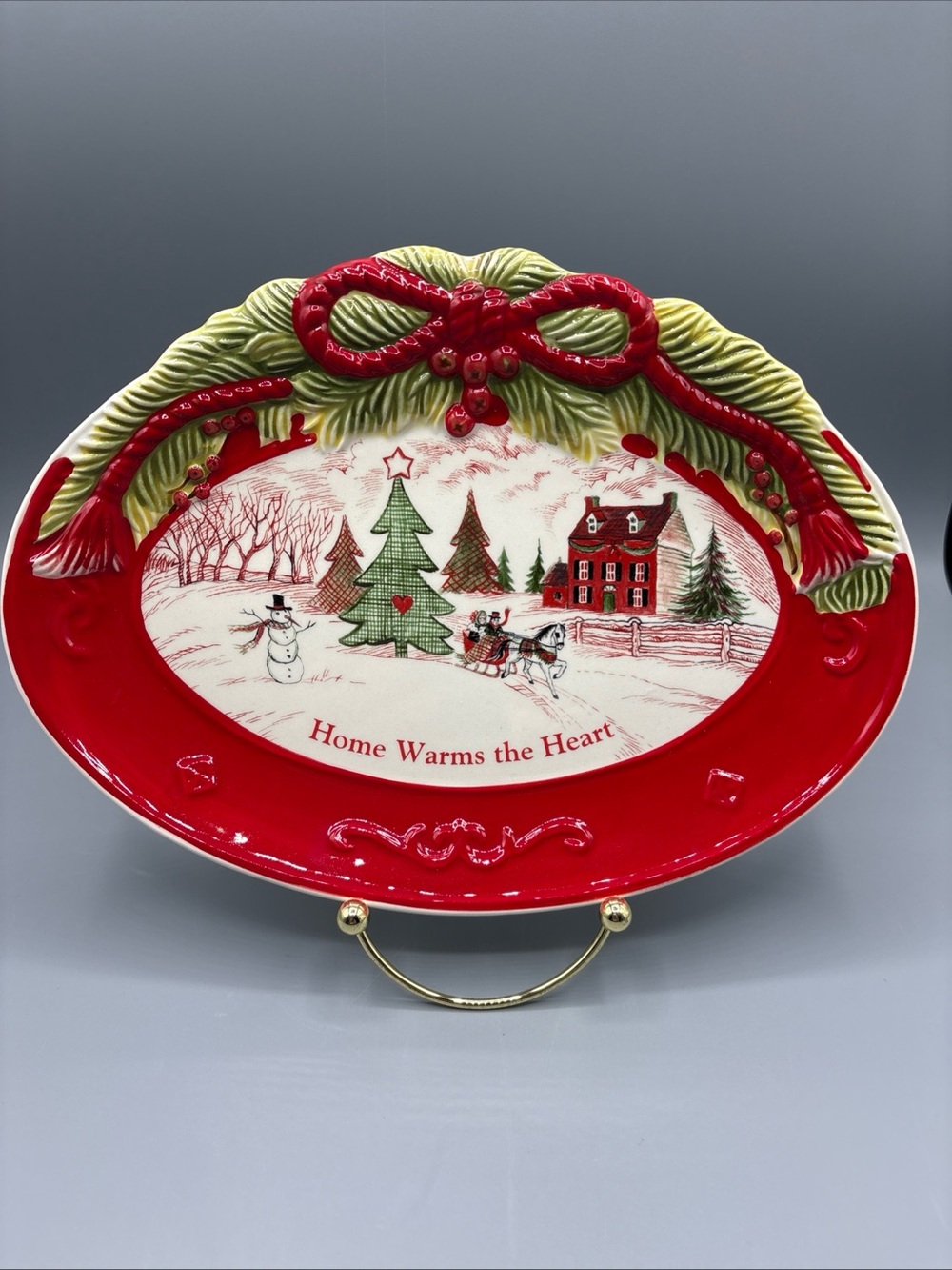 Fitz and Floyd Christmas "Home Warms the Heart" Sentiment Tray Platter 10" x 7"